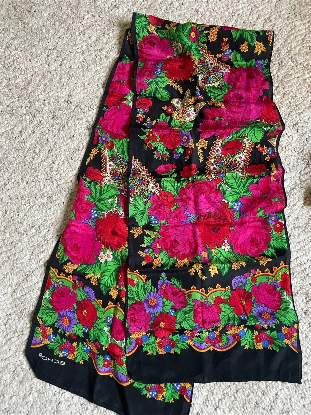 Echo Floral Vintage Silk Versatile Scarf in Black, Fuchsia and Green